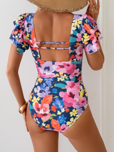 Image of Eomenie Women's Tummy Control One Piece Swimsuit Ruffle Square Neck Bathing Suit Ruched Cutout Back Slimming Swimwear