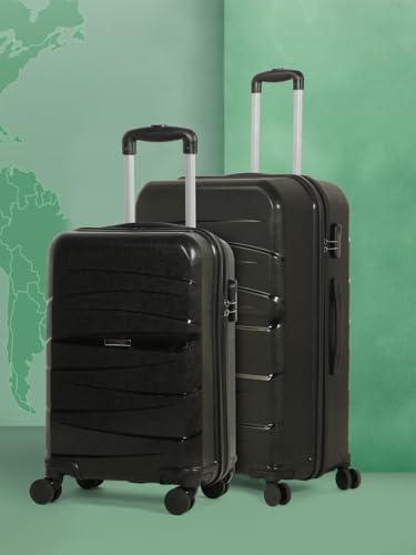 Image of Teakwood Small-Medium Size 8 Wheels Trolley Bag, Hard Cabin with Zipper Closure, Adjustable Push Button & TSA Lock System 360 Degree (Set of 2, Black)