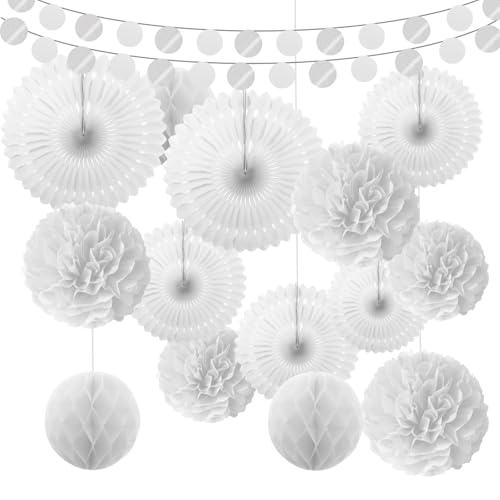 21pcs Weiß Pompons Fächer Hochzeitsdeko, Seidenpapier Pompons Papier Fächer Blume, Pompoms Dekoration Set, für Hochzeitsdeko, Geburtstag, Bachelorette Hochzeit, Einschulung Deko, Valentinstag, Taufe