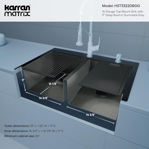 Image of Karran Matrix 33 inch Top Mount Workstation Kitchen Sink, Double Bowl, 16 Gauge Stainless Steel, Gunmetal Grey, Includes Cutting Board, Drying Mat & Basket Strainers
