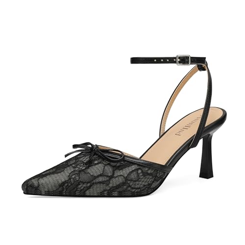 AIUNIIND Womens Pointed Toe Kitten Heel Lace Pumps Ankle Strap Heeled Sandals Wedding Dress Shoes for Women Black