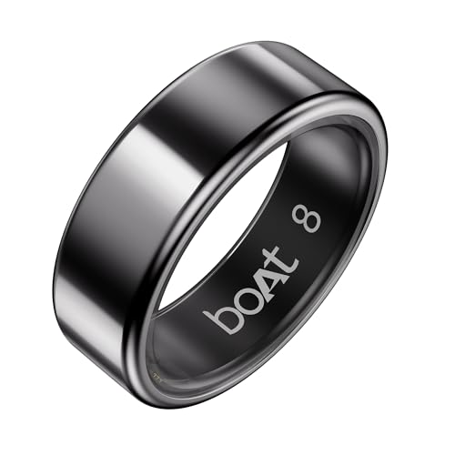 Image of Boat SmartRing Active Plus, Auto HR, Sleep, SpO2, Stress & Skin Temperature Monitor, Stainless-Steel Build, 5 ATM, Weighs Only 5 gm, Portable Charging Case, Smart Ring for Men (8, Midnight Black)