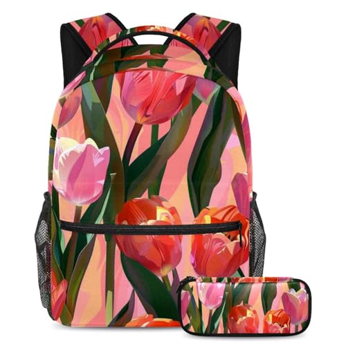 Sac à dos parfait pour étudiants à motif tulipe rose avec grande capacité de rangement