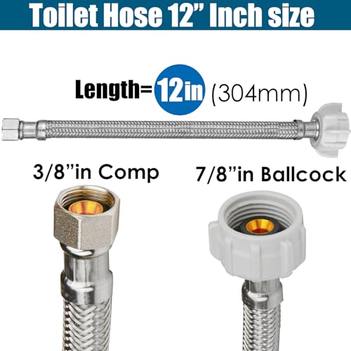 12 Pack 7/8" Ballcock to 3/8" Compression Braided Toilet Hose, Stainless Steel Supply Line