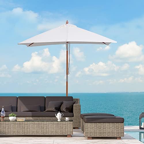 Outsunny 2m x 1.5m Patio Parasol Garden Umbrellas Sun Umbrella Bamboo Sunshade Canopy Outdoor Backyard Furniture Fir Wooden Pole 6 Ribs Tilt Mechanism