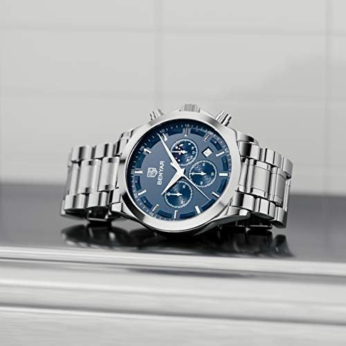 BY BENYAR Mens Watches Analog Quartz Chronograph Waterproof Wrist Watches for Men Fashion Business Work Casual Sport Designer Dress Watch with Calendar Elegant Gifts for Men Silver Blue image 9 of 9 B07Z525F8K