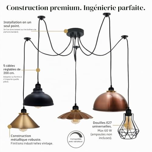 Suspension Araignée E27 : Éclairage Ajustable pour Grand Plafond Rétro - 7