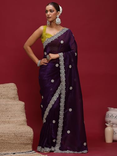 Image of AKHILAM Women's Tissue Embellished Saree With Unstitched Blouse Piece (RANI4701 RN Parent)