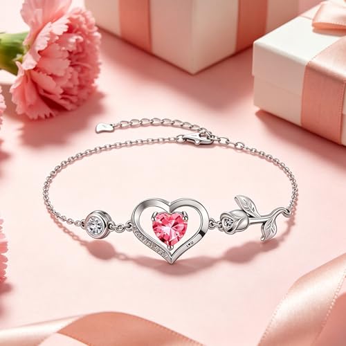 Image of 1CT Rose Heart Bracelet Moissanite Lab-Grown Sapphire Ruby Emerald&More 18K White Rose Gold Plated Anniversary Birthday Gift for Wife Girlfriend Mom Daughter Mothers Day Gift for Mom