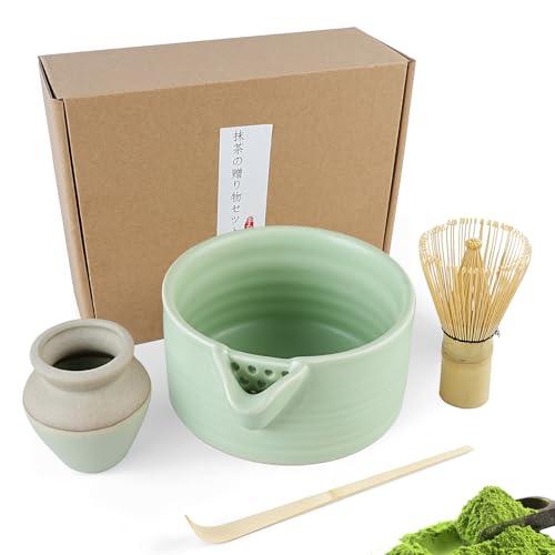 Matcha Whisk Set - Matcha Bowl and Bamboo Matcha Whisk, Scoop, Whisk Holder, 4pcs Perfect Matcha Starter Kit for Matcha Tea Ceremony (Green)