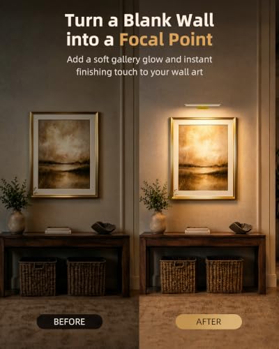 EZVALO Picture Light for Wall, 4800mAh Rechargeable Wireless Remote, 16‘’ Dimmable Magnetic LED Art Display Light with 3 Color Temperatures, for Gallery, Living Room, Bedroom, Hallway (Gold)