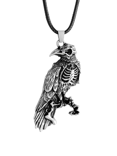 HAQUIL Raven Skull Necklace, Gothic Witchy Raven Bird Skeleton Skull Pendant, Faux Leather Cord, Goth Jewelry Gift