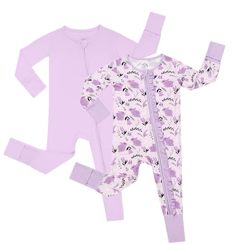 JunNeng Baby Girl Viscose from Bamboo Sleeper with Mitten Cuffs, 2 Way Zipper Romper, Sleep N' Play Pajamas 0-18 Months