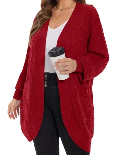 Image of MONNURO Womens Plus Size Open Front Cardigan Waffle Knit Long Sleeve Sweaters Tops Fall Coat Outerwear with Pockets