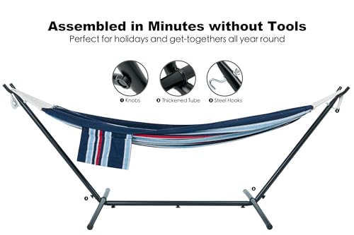 Image of GAFETE Double Hammocks with Stand for Outside, Max 600lbs, (Night) | Upgraded Spreader Bar, 9FT Heavy Duty & Space Saving Stand, Easy Assemble, Convenient Side Pocket, Indoor & Outdoor, Patio