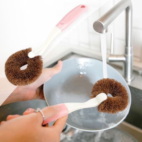 Image of 2 Pack Kitchen Scrub Brushes for Cleaning Dish Brush with Handle for Pans, Pots, Kitchen Sink Cleaning Scrub Brushes (Coconut Fiber)