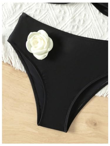 Image of OYOANGLE Girl's 2 Piece 3D Rose Swimsuit Criss Cross Backless High Waisted Swimwear Bathing Suits Black 5Y