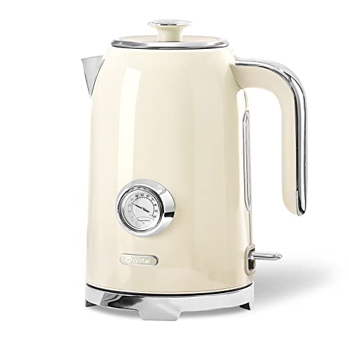 Wiltal Hervidor de Agua Retro [1,7 L, 2200 W], Crema, Acero Inoxidable, Con Indicador de Temperatura y Nivel de Agua Exterior en Diseño Retro