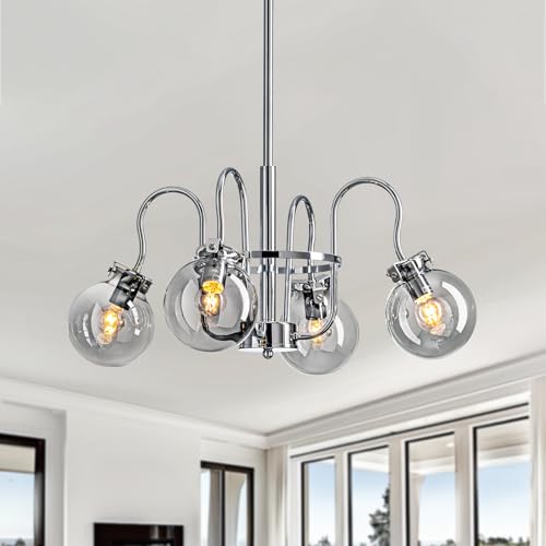 APBEAMLighting Modern Sputnik Chandelier for Dining Room, Glass Globe Chandelier Light Fixture 4 Light Smoke Gray Mid Century Chandelier, Sputnik Flush Mount Ceiling Light Silver Living Room Bedroom