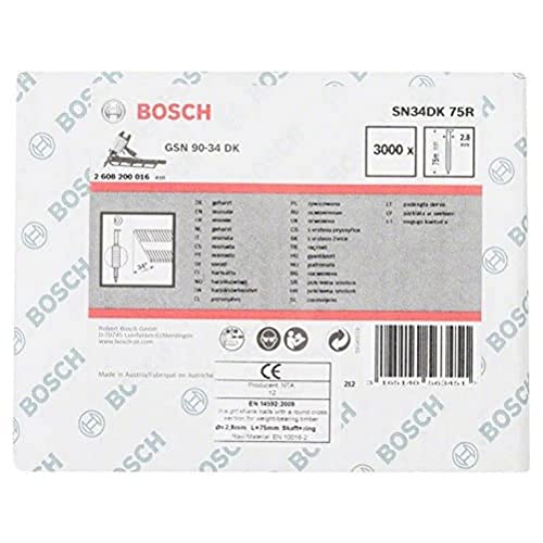 Bosch Professional 2608200016 Clipped Head Strip Nail SN34DK 75R 2.8 mm, 75 mm, Bright, grooved, Grey, 2.8 x 75 mm