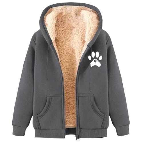 Generisch Unisex Kapuzenjacke mit Teddyfutter und Pfoten-Herz-Motiv - Gefütterte Fleece-Jacke mit Reißverschluss | Warme Winterjacke für Tierfreunde