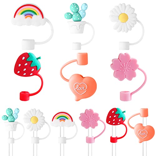6 PCS Straw Covers Cap with 6 Reusable Drinking Straws 6-8mm Cute Silicone Straws Toppers Tip Cover Flowers Fruit for Normal Cup Kawaii Drinking Dust-Proof Straw Plugs