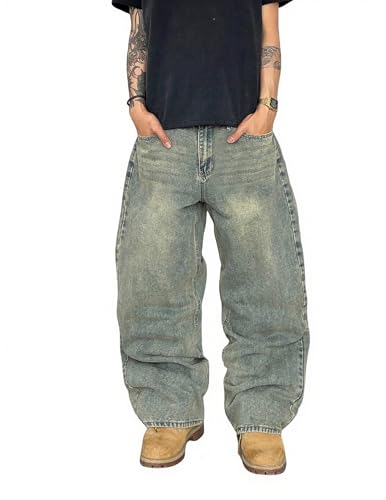 QGRSWBC Mens Wide Leg Jeans Super Baggy Pants Y2k Loose Fit Denim Jeans Skater Trousers Streetwear Retro Blue M