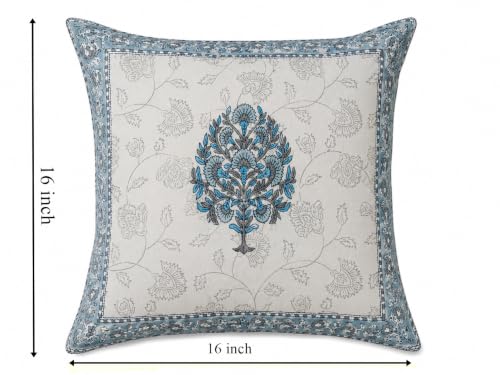 Image of Cotton Cushion Covers 16x16 Inch - Hand Block Floral Print Pillow Covers for Sofa, Couch & Bedroom (Pack of 5) (Cream & Blue)