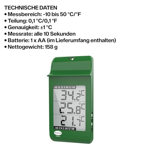 Brannan Digitales Max Min Gewächshausthermometer – Zur Erfassung der Höchst- und Mindesttemperaturen für den Einsatz im Gartengewächshaus oder zu Hause im Gewächshaus im Freien
