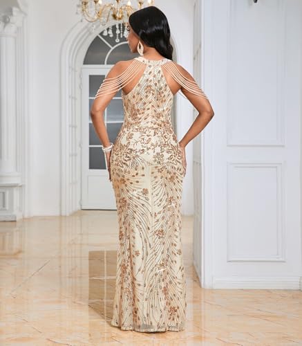 Image of Cololura Women Sequin Halter Tassel Mermaid Formal Maxi Dress Evening Gown