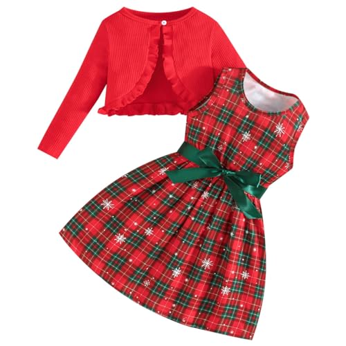 Pilipulu Mädchen Kleid mit Strickjacke Set 2Pcs Outfits Kariert...