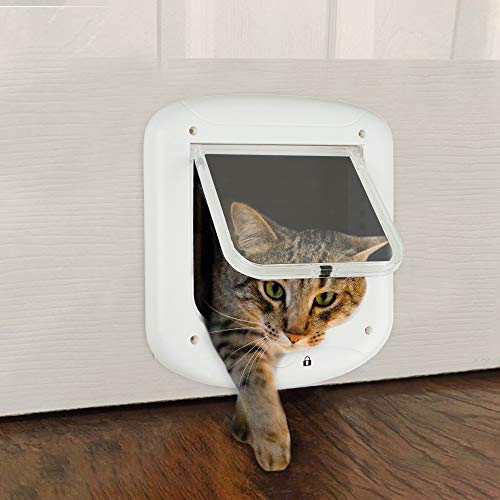 PAWISE Cat Flap 4 Way Locking Cat Flap Door for Interior Exterior Door, Weatherproof Pet Doors for Cat & Doggie