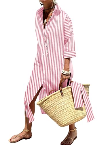 Womens Shirt Dresses Striped Lapel 3/4 Sleeve Maxi Dress Button Down Split Belted