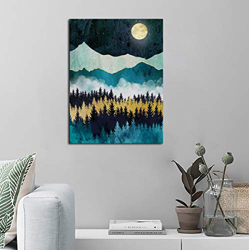 Mountain Forest Wall Art Moon Night Nature Canvas Artwork Modern Nordic Landscape Canvas Pictures For Bathroom Bedroom Living Room Kitchen Office Home Decoration Framed Ready To Hang 12" X 16" #TOP1