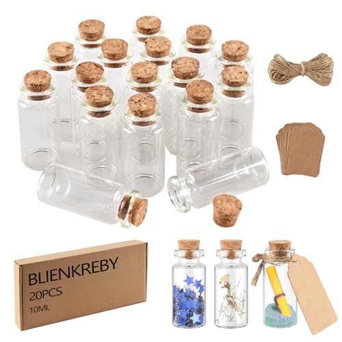 BLIENKREBY 20 x 10ml Petite Bouteille en Verre, Fiole en Verre, Contenant Dragées Baptême, Cadeau Mariage Fête Décoration, Mini Bocaux Bouchon avec Liège,...