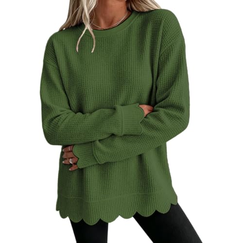 Scalloped Sweatshirt for Women Trendy Waffle Knit Long Sleeve Pullover Tops - image 1