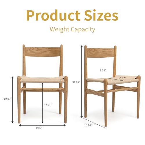 Image of Armless Dining Chairs Set of 2, Ash Wood with Handwoven Seat | 300 BLS Support, Curved Backrest, Felt Pads, Fully Assembled, Mid-Century Modern Wood Chair for Kitchen, Dining, Living Room