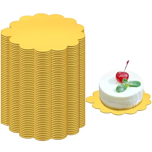 LemonRoad 50 Pcs 3.15 Inch Mini Cake Boards Gold Scallop Edge Mousse Cupcake Base Paper Plates Circle Dessert Board for Cake Diy, Baking Dessert Party Wedding Birthday