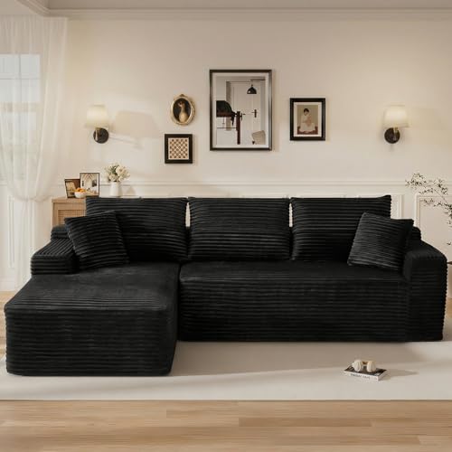 Poblink 108" L Shaped Cloud Boneless Sectional Couches for Living Room, Modern Comfy Modular Deep Seat Memory Foam Compressed Corduroy Sofa Oversized Left Facing Chaise, No Assembly Required, Balck