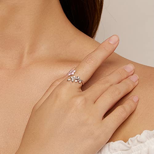 Pink Cherry Blossoms Open Adjustable Ring S925 Sterling Silver Hypoallergenic Imitation Crystal Wedding Rings Promise Love Engagement Statement Imitation Cubic Zirconia Flower Jewelry for Women Bff2