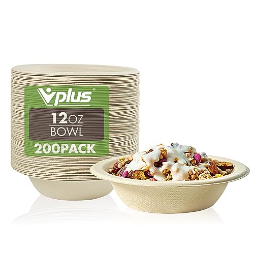Vplus 200 Pack 12 OZ Paper Bowls, Disposable Compostable Bulk, Eco-friendly Bagasse, Heavy-duty Bowls Perfect for Milk Cereals, Snacks, Salads