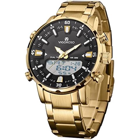 VIGOROSO Mens Watches Dual Time Digital Watch Men Analog Waterproof Military Watches for Men Reloj Militar para Hombre, Gold Cover