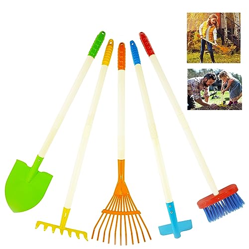 CHEERBANK Herramientas de jardín para niños, 5 piezas, mango de madera y cabeza de metal, herramientas de enseñanza de trabajo de patio para niños