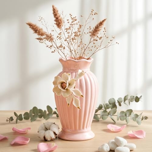 Image of MARKET 99 Light Pink Ceramic Curvy Vase with Engraved Floral Pattern | Decorative Flower Holder for Fresh & Artificial Flowers | Aesthetic Tabletop Vase for Home Decor, Living Room, Bedroom, & Office