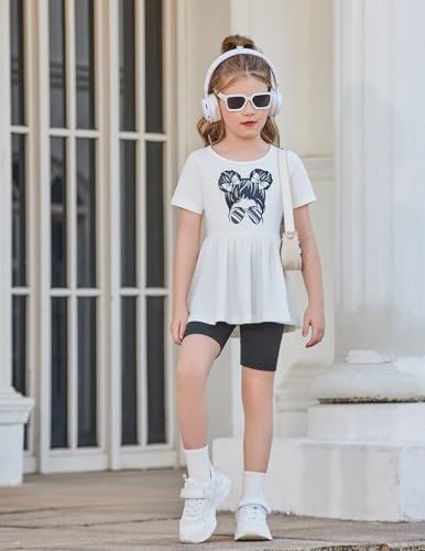 Image of Arshiner Girls Summer Outfits Short Sleeve Ruffle Hem Top and Biker Shorts Set Girl Clothes 4-15 Years