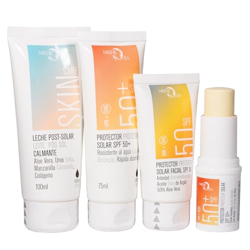 Protección Solar Pack para Viajar | Crema Solar 50+ 75ml, Protector Solar Facial 50ml, After Sun 100ml y Stick Zonas Sensibles 50+ 13g | Apto para Viajar en Avión | Marca Noche y Día | Regalo Neceser