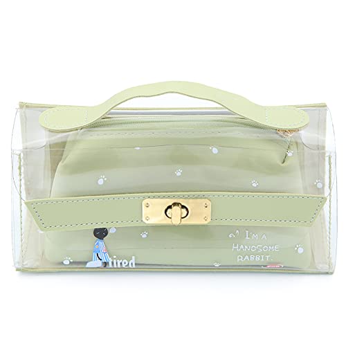 Trousse multifonction pour adolescentes, en PVC transparent avec fermeture éclair en cuir et porte-stylo, trousse de maquillage, trousse pour fournitures scolaires, Vert, Trousse