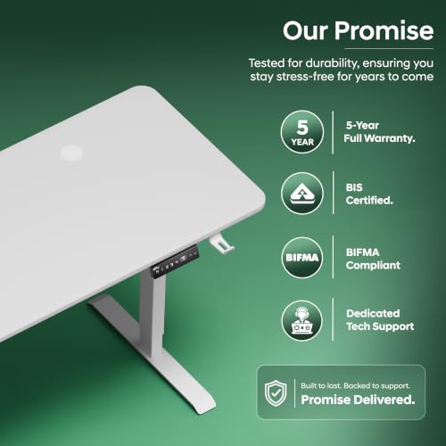 Image of V ONE Electric Standing Desk with 1-Piece Solid Top | Heavy Duty Height Adjustable Computer Desk | 3 Memory Preset | 5 Year Warranty | for Home Office (White, 140 * 60 CM)