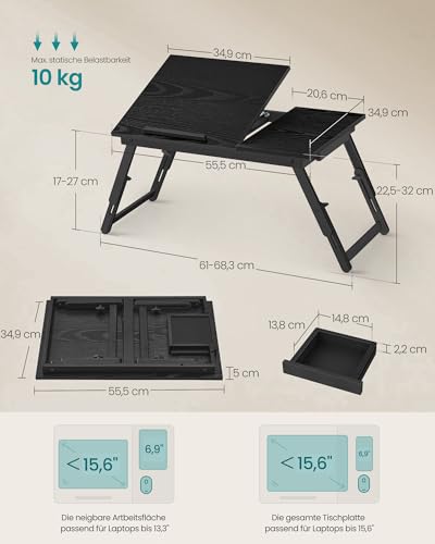 SONGMICS Laptoptisch für Bett, Laptopständer, Winkel & höhenverstellbar, klappbare Beine, für Laptops bis 15,6 Zoll, Arbeiten, Lesen Bambusbeine, Schublade, 55,5 x 34,9 cm, ebenholzschwarz LLD105BE01