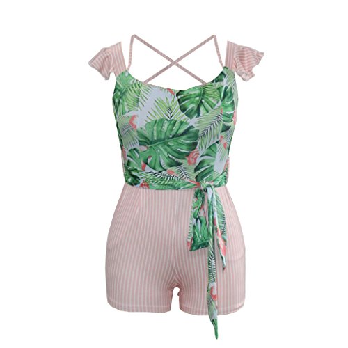 OLUOLIN Sexy Women Two Piece Off Shoulder Floral Print Jumpsuit Short Belted Pants Pink XXL, pink, XXL - Image 5